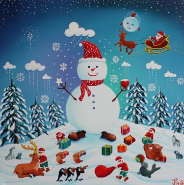 Peinture intitulée "Le Noël du gentil F…" par Fouschy, Œuvre d'art originale, Huile Monté sur Châssis en bois