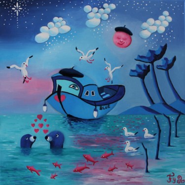 Painting titled "Blue and You loving…" by Fouschy, Original Artwork, Oil Mounted on Wood Stretcher frame