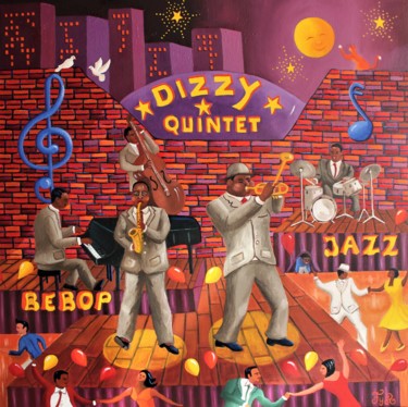Painting titled "Dizzy quintet" by Fouschy, Original Artwork, Oil Mounted on Wood Stretcher frame