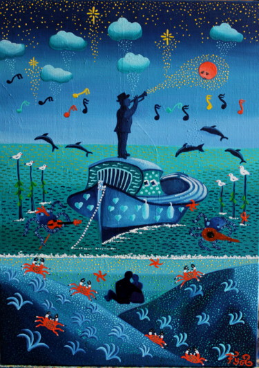 Schilderij getiteld "Moon Blues Octopus" door Fouschy, Origineel Kunstwerk, Olie