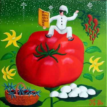 Painting titled "Tomate pour deux" by Fouschy, Original Artwork, Oil Mounted on Wood Stretcher frame
