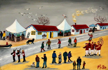 Peinture intitulée "Cabanes en fête" par Fouschy, Œuvre d'art originale, Huile Monté sur Châssis en bois