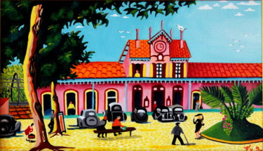 Painting titled "La gare d' Arcachon" by Fouschy, Original Artwork, Oil Mounted on Wood Stretcher frame