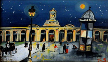 Painting titled "La gare d' Agen" by Fouschy, Original Artwork, Oil Mounted on Wood Stretcher frame