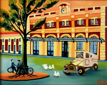 Painting titled "La gare de Perpignan" by Fouschy, Original Artwork, Oil Mounted on Wood Stretcher frame
