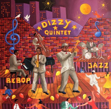 Painting titled "Dizzy quintet" by Fouschy, Original Artwork, Oil Mounted on Wood Stretcher frame