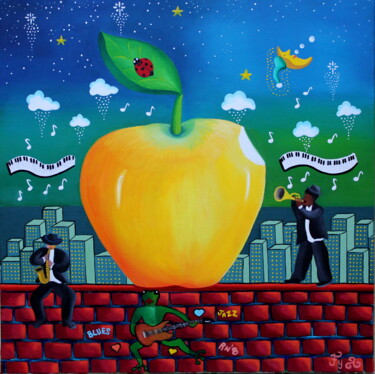Painting titled "Big Apple" by Fouschy, Original Artwork, Oil Mounted on Wood Stretcher frame