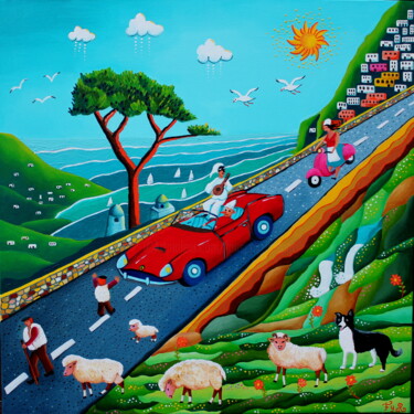 Peinture intitulée "Un tour en Ferrari" par Fouschy, Œuvre d'art originale, Huile Monté sur Châssis en bois
