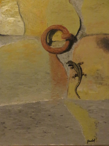 Peinture intitulée "le lézard sur le mur" par Frederic Pastor, Œuvre d'art originale, Huile