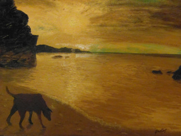 Pintura intitulada "le chien sur la pla…" por Frederic Pastor, Obras de arte originais, Óleo