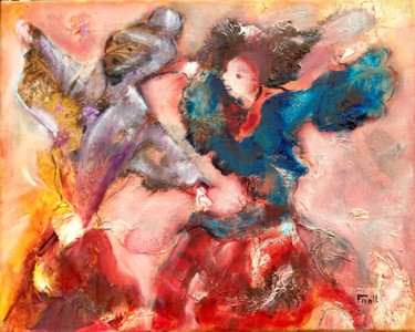 Painting titled "Danse shamanique" by Frall, Original Artwork, Oil Mounted on Wood Stretcher frame