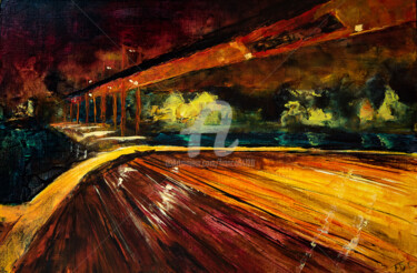 Painting titled "Le pont" by Françoise Dugourd-Caput, Original Artwork, Oil Mounted on Wood Stretcher frame