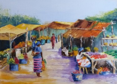 Painting titled "Marché africain" by France-Anne Thiebaut, Original Artwork, Oil