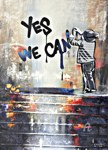 Painting titled "Yes we Can n° I" by France De Lacroix, Original Artwork, Oil Mounted on Wood Stretcher frame