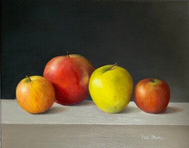 Painting titled "Quatre Pommes" by France Mondello, Original Artwork, Oil