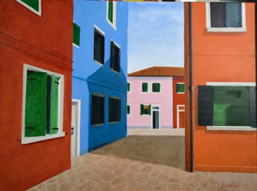 Painting titled "Venise Burano" by André Réus, Original Artwork, Oil Mounted on Wood Stretcher frame