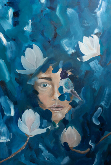 Pittura intitolato "Viso, magnolie e uc…" da Francesca Aimone Mariota, Opera d'arte originale, Olio