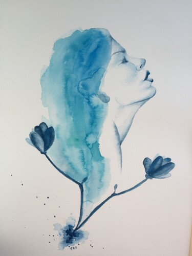 Drawing titled "Viso e magnolia" by Francesca Aimone Mariota, Original Artwork, Watercolor