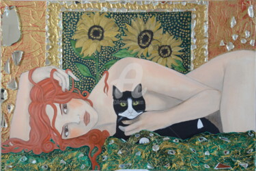 Schilderij getiteld "gatto e girasoli" door Francesca Fachechi (KEKI), Origineel Kunstwerk, Acryl