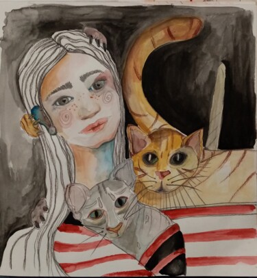 Dessin intitulée "I gatti" par Francesca Leoni, Œuvre d'art originale, Aquarelle