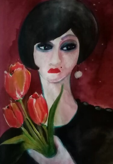 Disegno intitolato "Tulipani" da Francesca Leoni, Opera d'arte originale, Acquarello