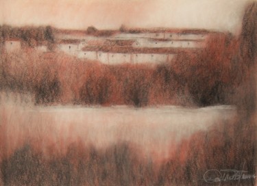 Drawing titled "Borgo d'autunno" by Francesco Cagnato, Original Artwork, Charcoal Mounted on Cardboard