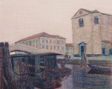 Tekening getiteld "Chioggia, il porto…" door Francesco Cagnato, Origineel Kunstwerk, Pastel Gemonteerd op Karton