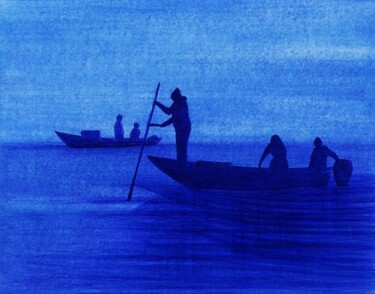 Dessin intitulée "Pescatori in laguna" par Francesco Cagnato, Œuvre d'art originale, Stylo à bille