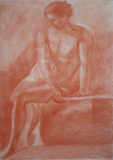 Dibujo titulada "Nudo maschile sedut…" por Francesco Cagnato, Obra de arte original, Carbón