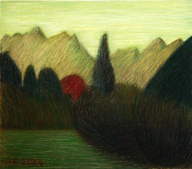 Disegno intitolato "Monti e cespuglio r…" da Francesco Cagnato, Opera d'arte originale, Pastello