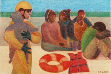 Disegno intitolato "Spiaggia mediterran…" da Francesco Cagnato, Opera d'arte originale, Pastello