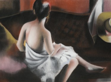 Dessin intitulée "Donna di spalle sul…" par Francesco Cagnato, Œuvre d'art originale, Pastel Monté sur Carton