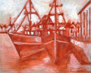 Pittura intitolato "Veduta del porto di…" da Francesco Cagnato, Opera d'arte originale, Olio Montato su Cartone