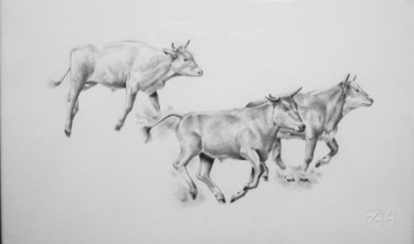 Disegno intitolato "La corsa dei tori" da Francesco Cagnato, Opera d'arte originale, Matita Montato su Cartone