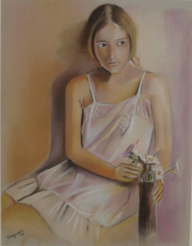 Drawing titled "Donna con fiori" by Francesco Cagnato, Original Artwork, Pastel Mounted on Cardboard