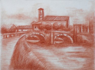 Dessin intitulée "Il vecchio ponte di…" par Francesco Cagnato, Œuvre d'art originale, Fusain