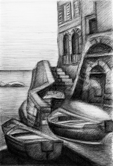 Drawing titled "Riomaggiore" by Francesco Cagnato, Original Artwork, Ballpoint pen