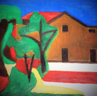 Malerei mit dem Titel "Fienile con alberi" von Francesco Cagnato, Original-Kunstwerk, Öl