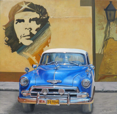 Painting titled "Cuban car blu" by Francesco Capello, Original Artwork, Oil Mounted on Wood Stretcher frame