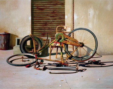 Painting titled "DAL CICLISTA" by Francesco Capello, Original Artwork, Oil Mounted on Wood Stretcher frame