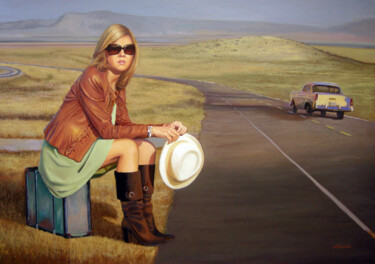 Painting titled "ON THE ROAD" by Francesco Capello, Original Artwork, Oil Mounted on Wood Stretcher frame