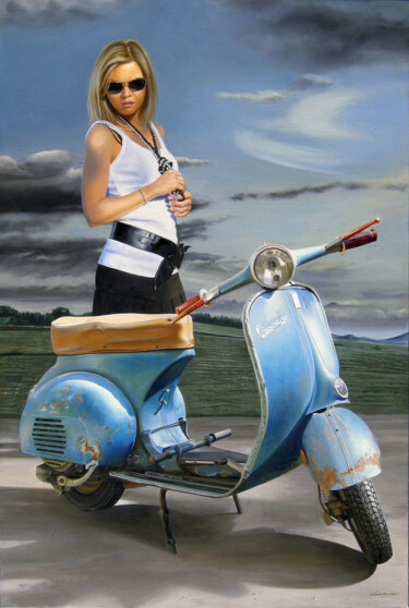 Painting titled "Scampagnata in vespa" by Francesco Capello, Original Artwork, Oil Mounted on Wood Stretcher frame