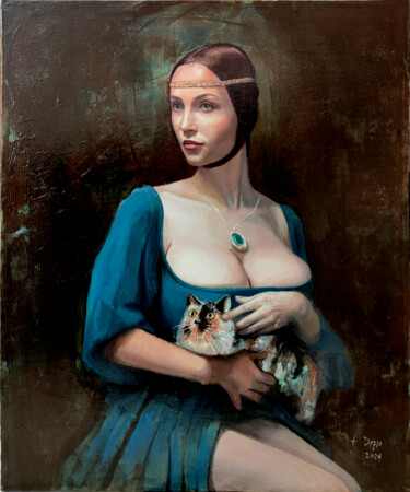 Pintura intitulada "Dama con gattina" por Francesco Dezio, Obras de arte originais, Óleo