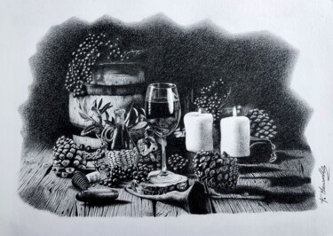 Rysunek zatytułowany „Wine the King” autorstwa Francesco Marinelli, Oryginalna praca, Węgiel drzewny
