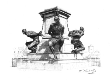 Drawing titled "Four moors statue" by Francesco Marinelli, Original Artwork, Charcoal