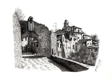 Tekening getiteld "Countryside village" door Francesco Marinelli, Origineel Kunstwerk, Inkt