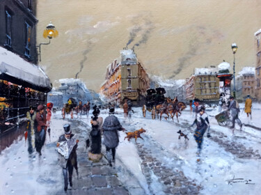 Schilderij getiteld "Snow in Paris citys…" door Francesco Tammaro, Origineel Kunstwerk, Olie Gemonteerd op Houten paneel