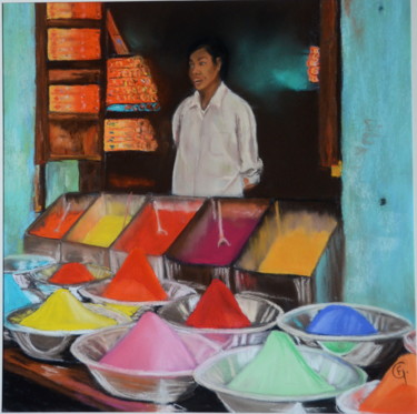 Dessin intitulée "Vendeur de pigments…" par Francette Guittard, Œuvre d'art originale, Pastel