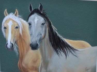 Rysunek zatytułowany „2 chevaux en Lozère” autorstwa Francette Guittard, Oryginalna praca, Pastel