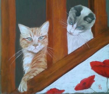 Dessin intitulée "Les chats de Julie" par Francette Guittard, Œuvre d'art originale, Pastel